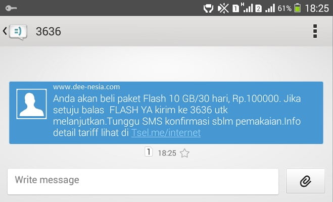 SMS Balasan Promo Paket Internet Telkomsel 10GB per Bulan